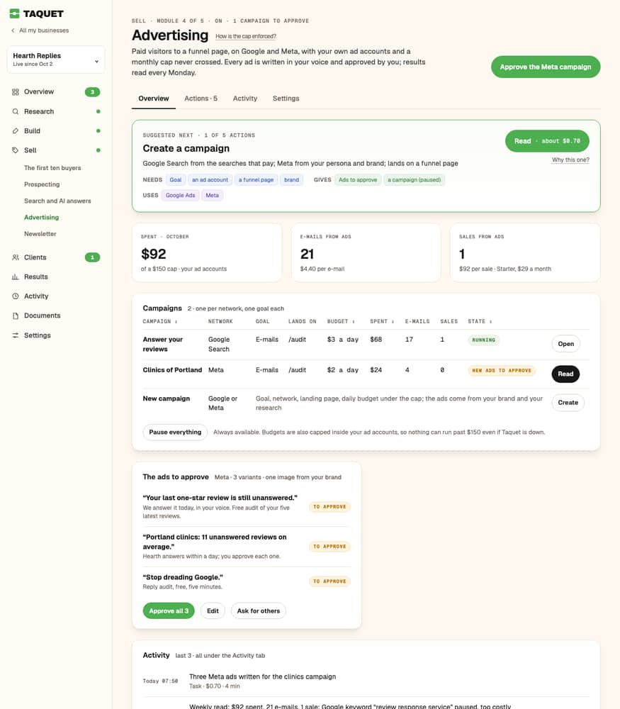 Advertising in Taquet: the module opens after a checked funnel and three sales, a budget and a duration written before the start