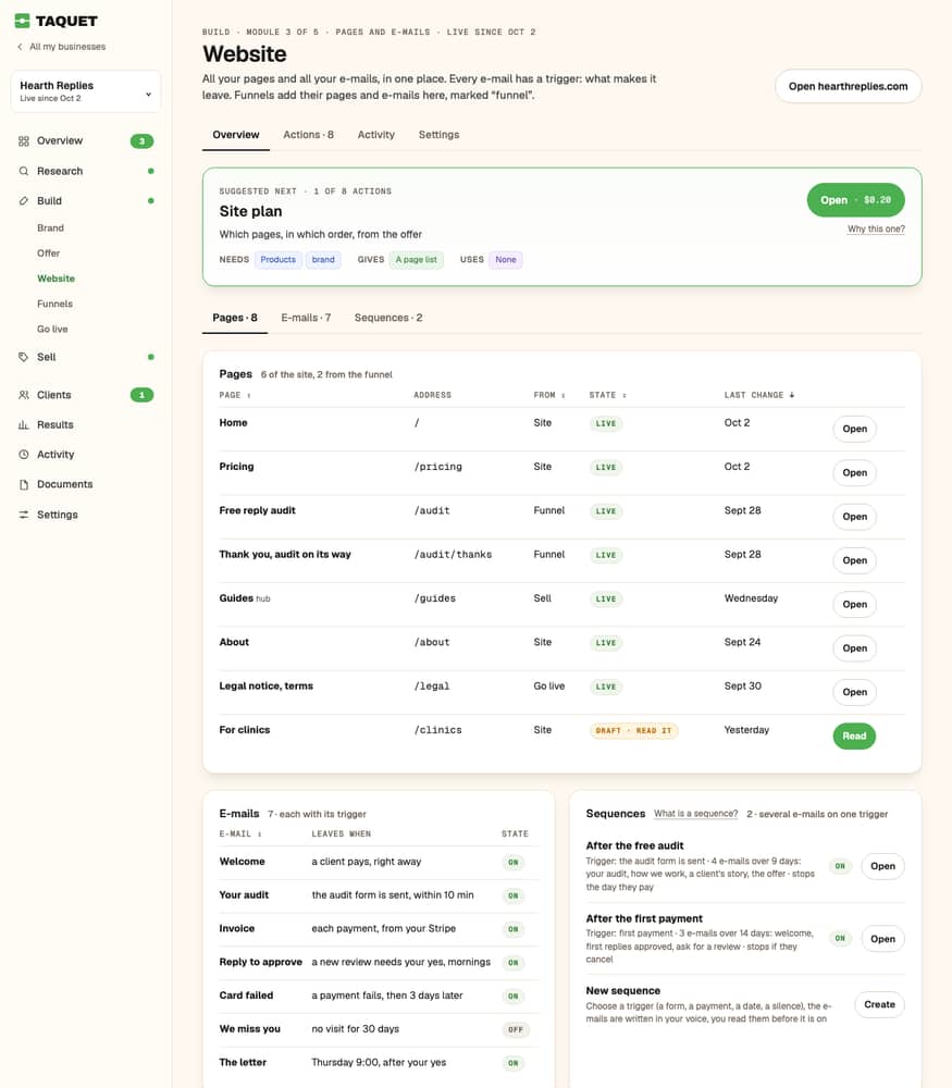Website in Taquet: six pages and four e-mails live on your domain, written in your voice